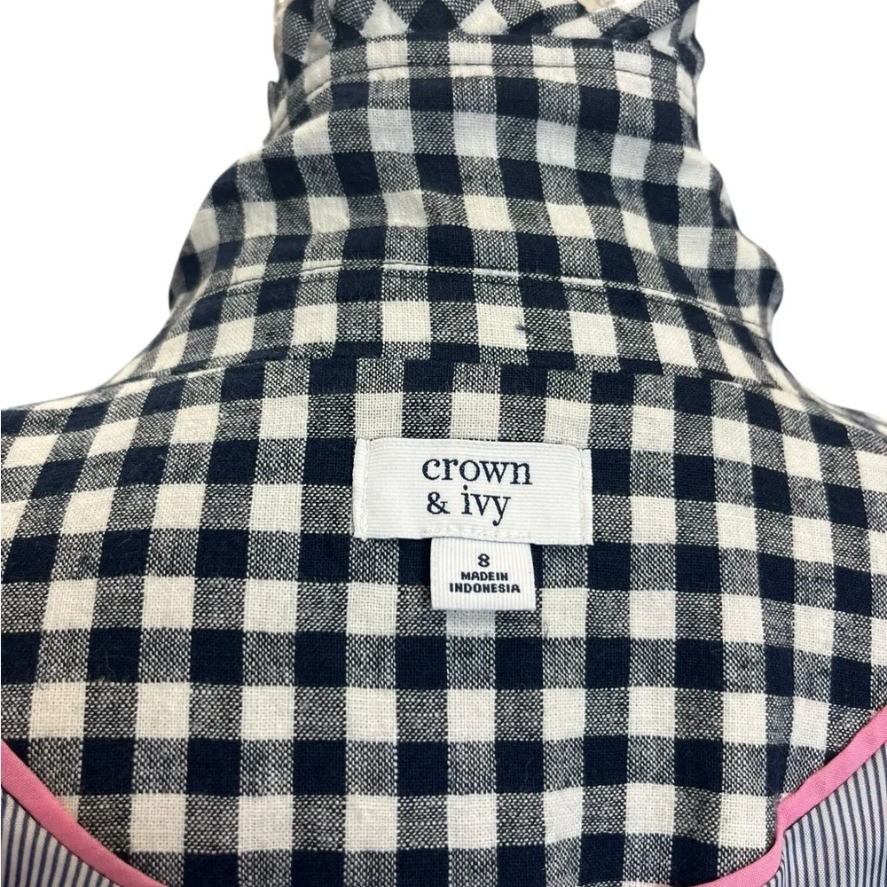 Crown & Ivy Navy Gingham Linen Cotton Blazer Ruffle Trim Size 8 - Picture 8 of 11